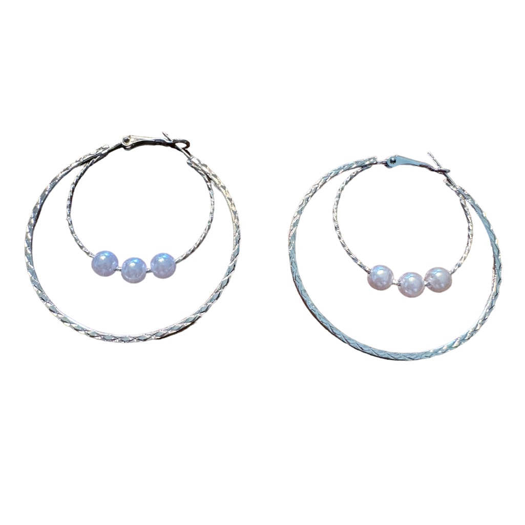 Silver Double Layered Hoop Earrings With Pearls
